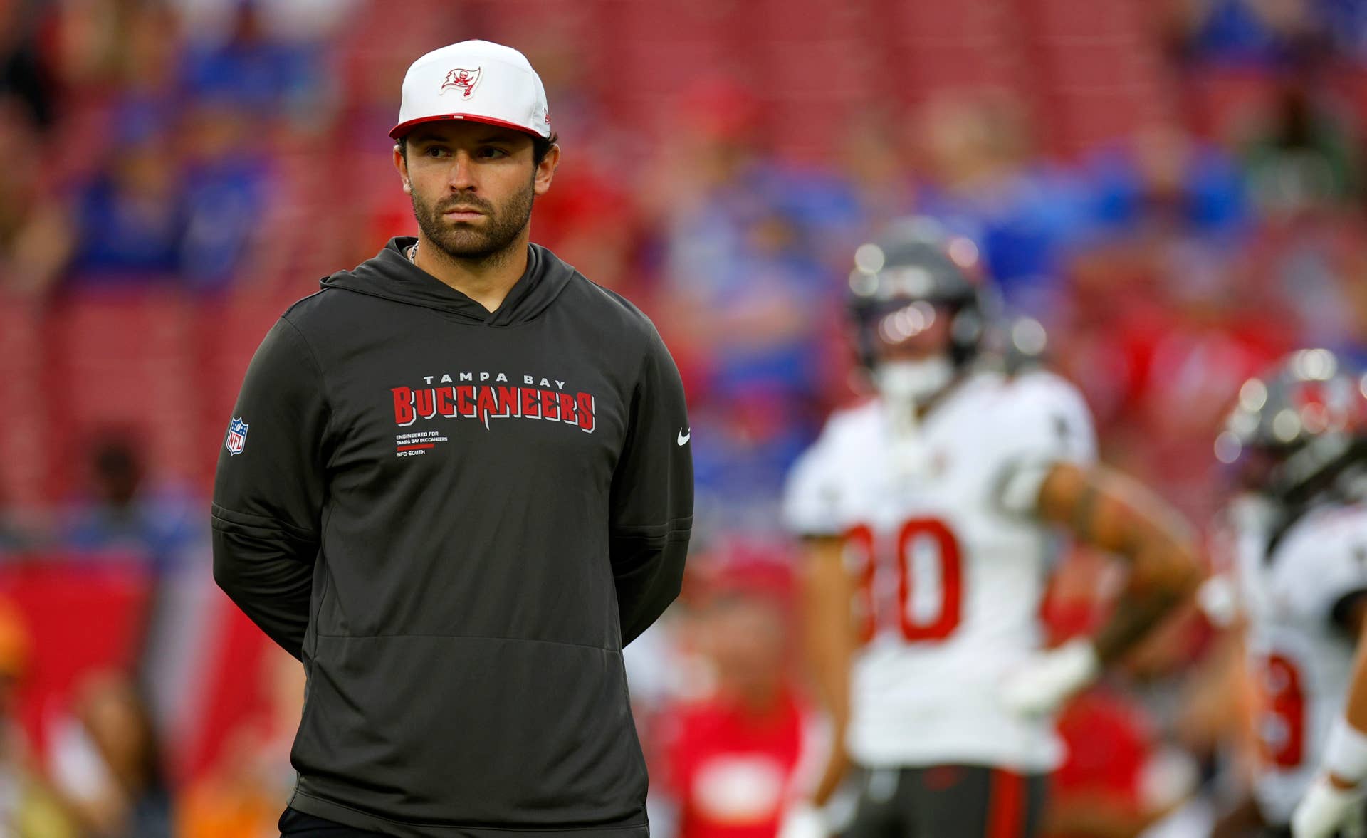 TAMPA, FLORIDA - AUGUST 23: Baker Mayfield #6 of the Tampa Bay Buccaneers looks on during the NFL Preseason 2025 game between the Buffalo Bills and Tampa Bay Buccaneers at Raymond James Stadium on August 23, 2025 in Tampa, Florida. (Photo by Mike Ehrmann/Getty Images)