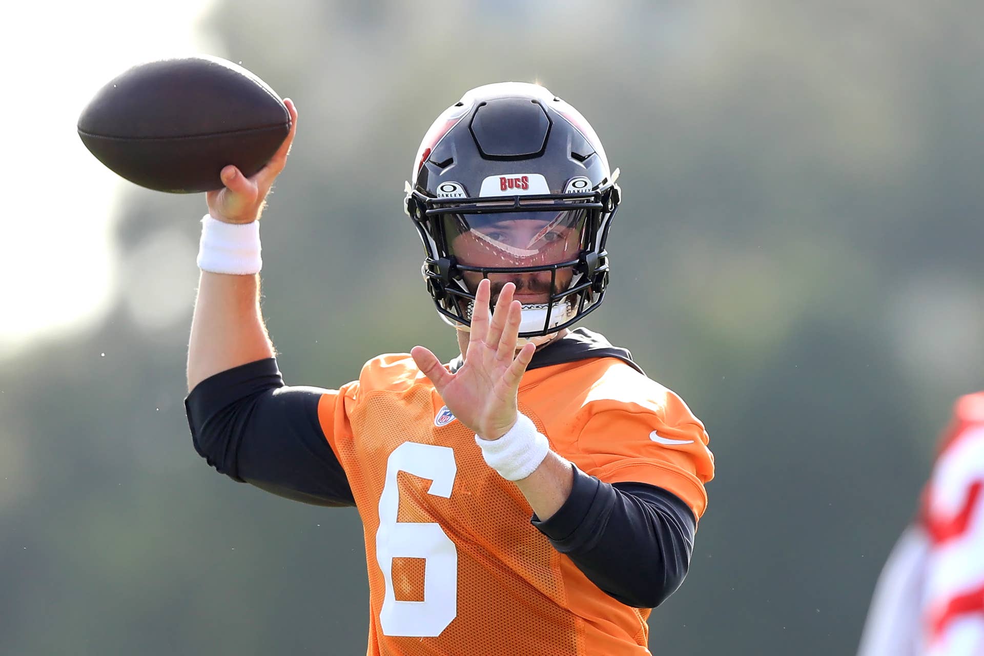 TAMPA, FL - JUL 24: Tampa Bay Buccaneers Quarterback Baker Mayfield (6) goes thru a drill during Training Camp on July 24, 2024 at the AdventHealth Training Center at One Buccaneer Place in Tampa, Florida. (Photo by Cliff Welch/Icon Sportswire via Getty Images)