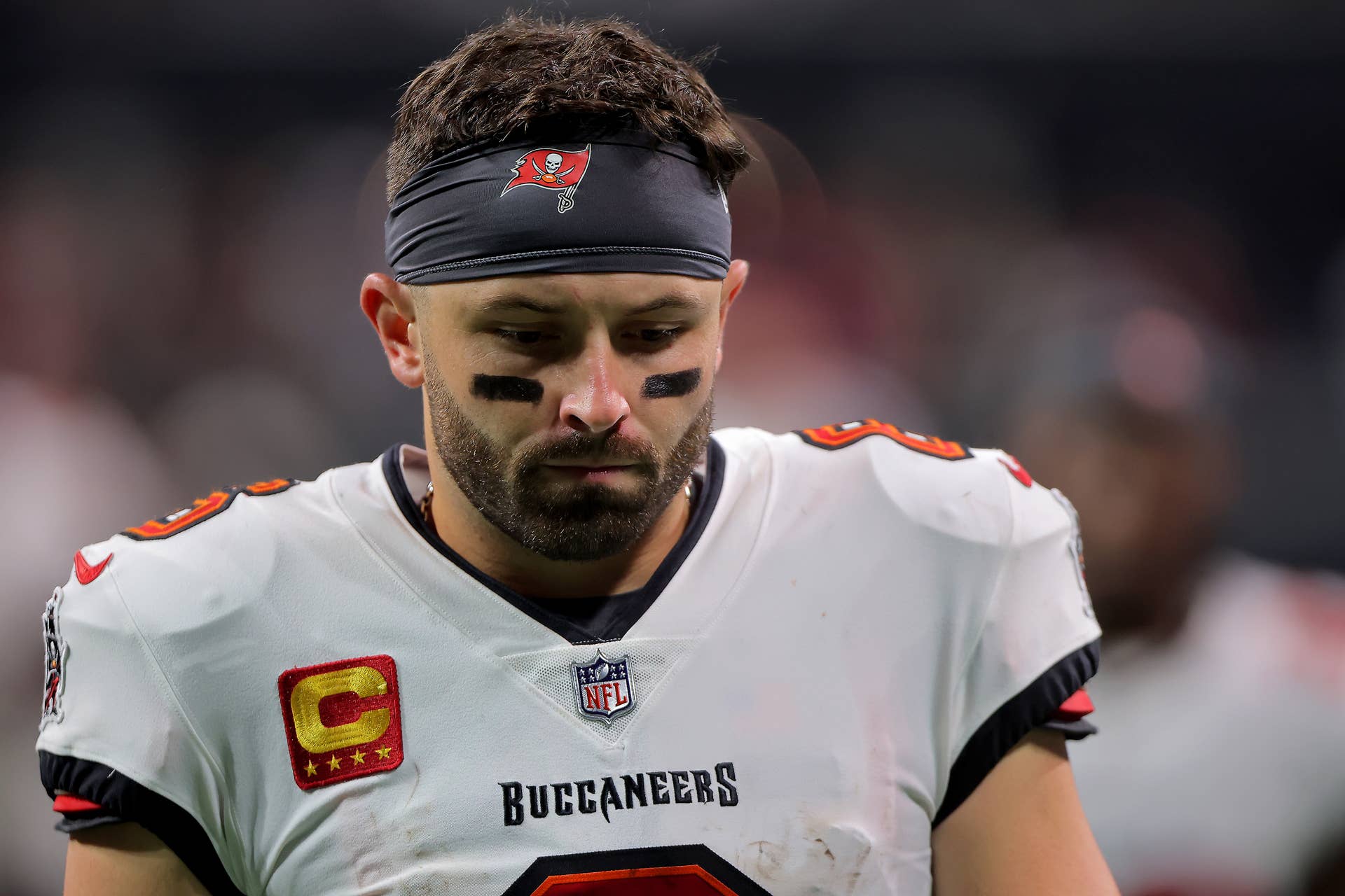 ATLANTA, GA - OCTOBER 03: Tampa Bay Buccaneers quarterback Baker Mayfield (6) after the Thursday evening NFL game between the Atlanta Falcons and the Tampa Bay Buccaneers on October 3, 2024 at the Mercedes-Benz Stadium in Atlanta, Georgia.    (Photo by David J. Griffin/Icon Sportswire via Getty Images)