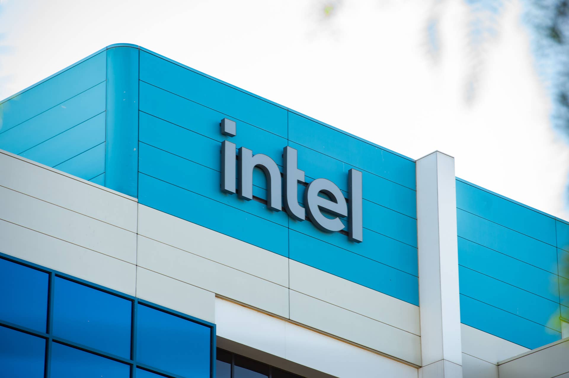 The Intel logo can be seen at the headquarters of the chip company.