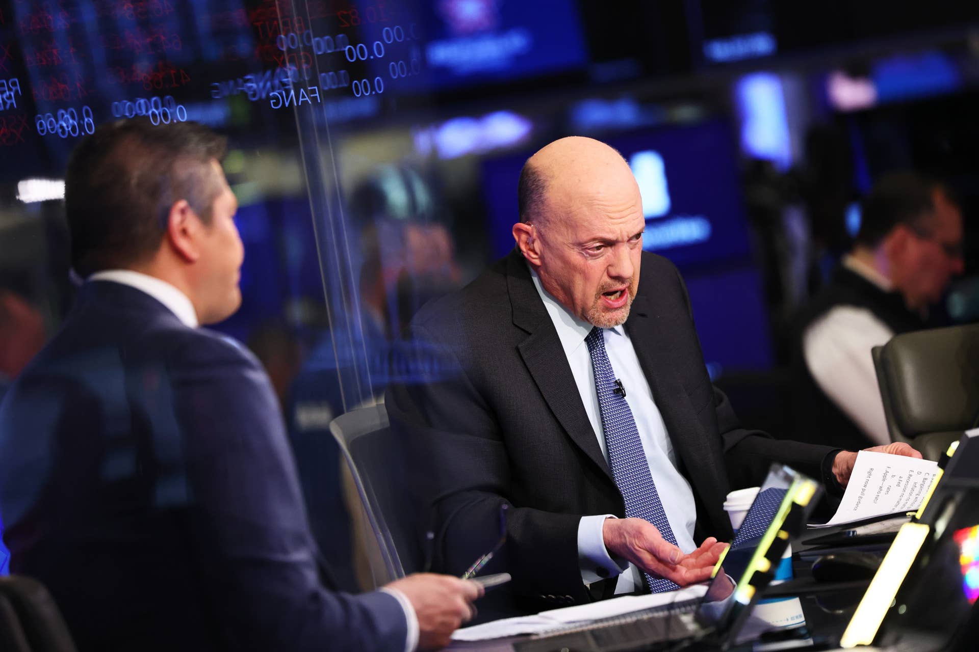 Jim Cramer speaks during the Squawk on the Street morning television show on the floor of the New York Stock Exchange.