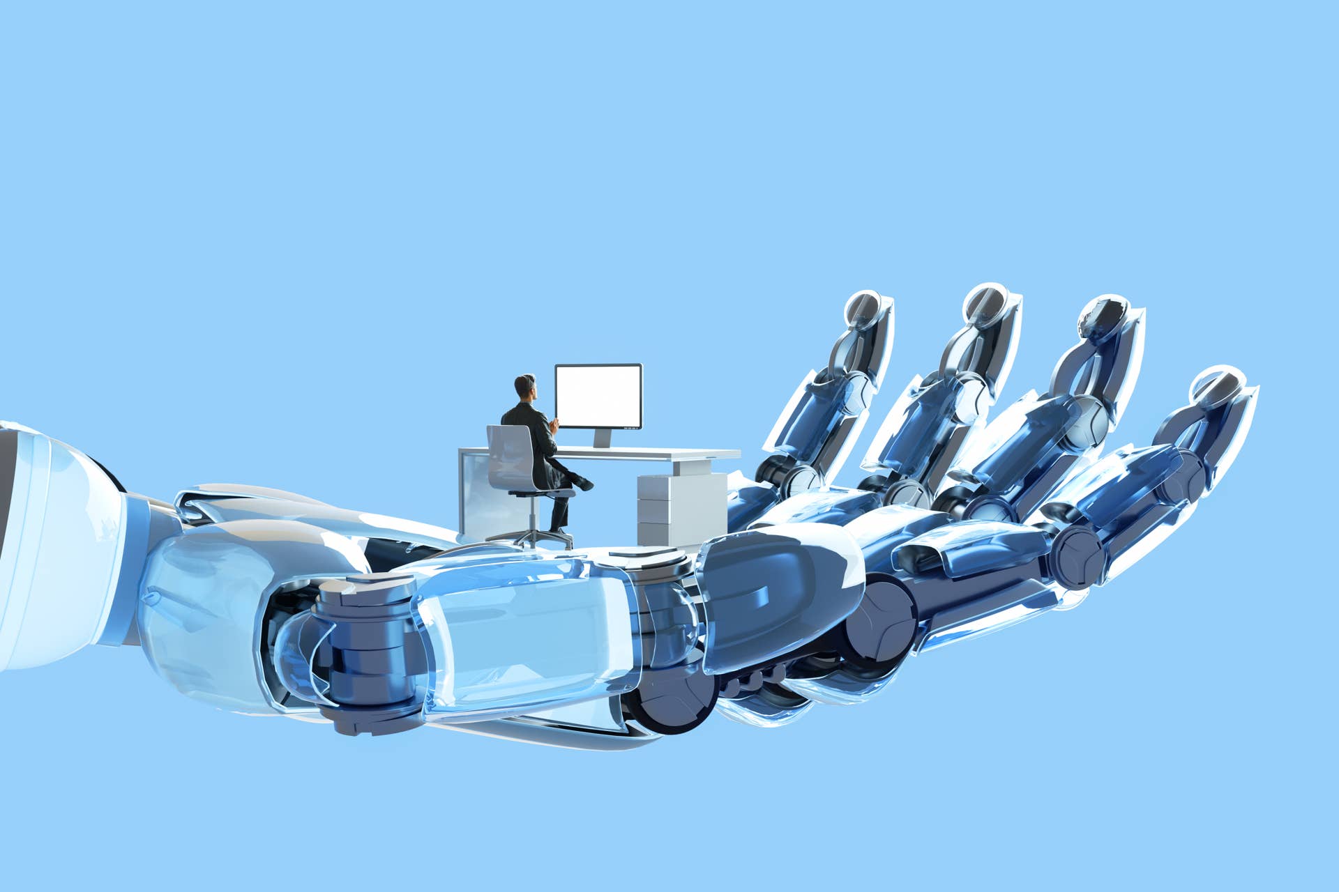 Digital illustration of robot's hand holding and supporting man.