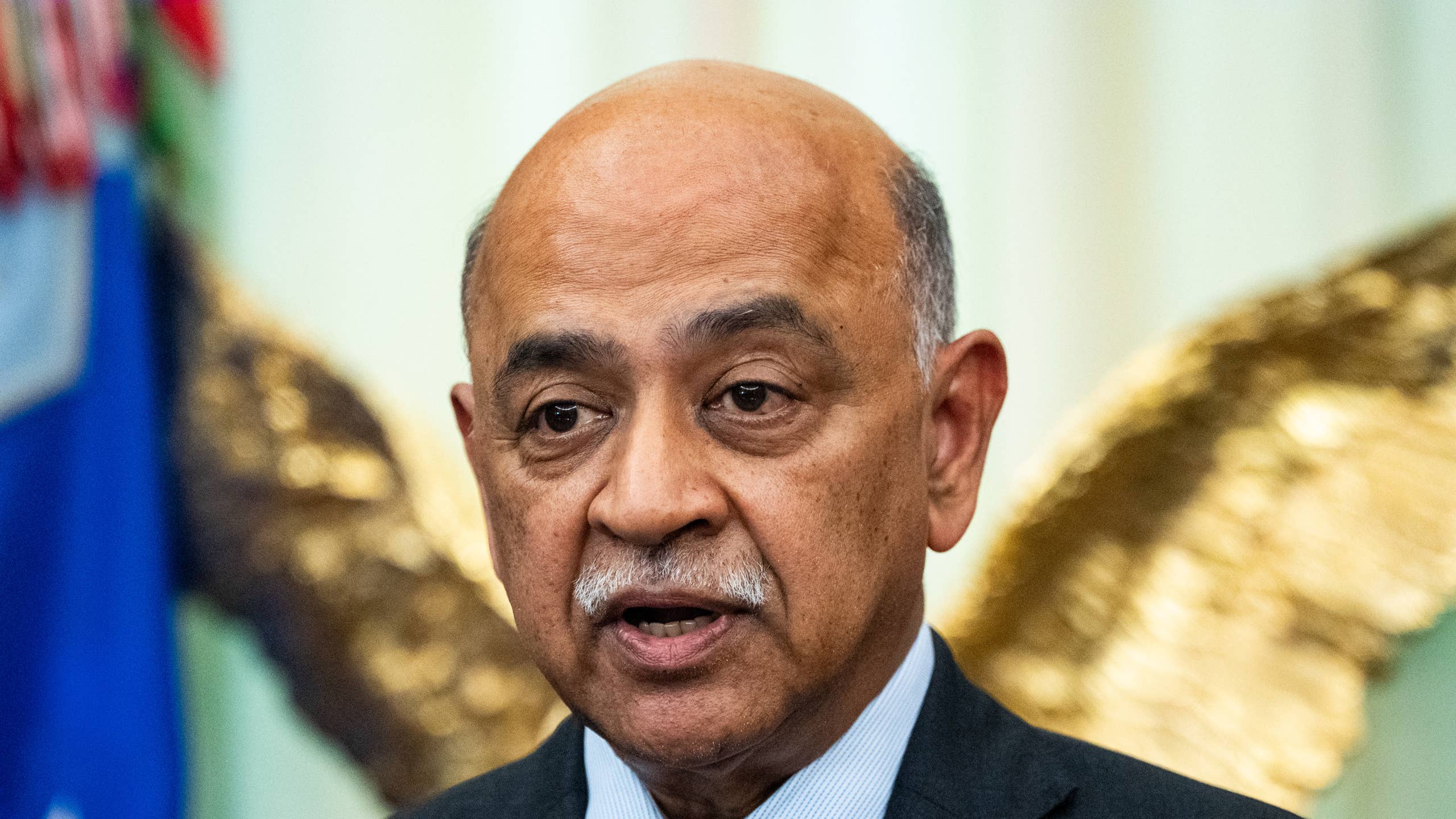 Arvind Krishna, chief executive officer of International Business Machines Corp. (IBM), speaks during an executive order signing in the Oval Office.