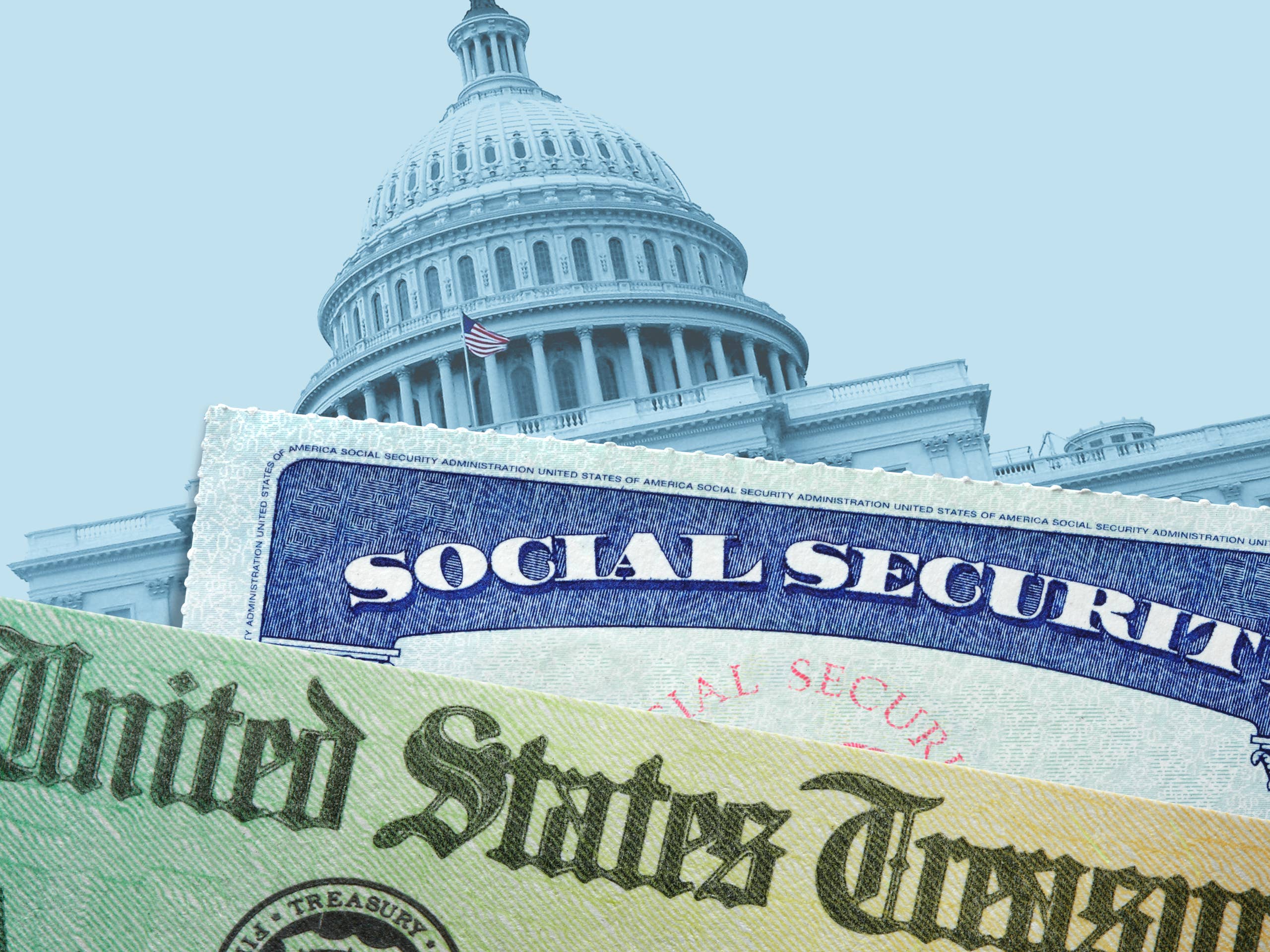 A U.S. Treasury check and a Social Security card in front of the United States Capitol building.