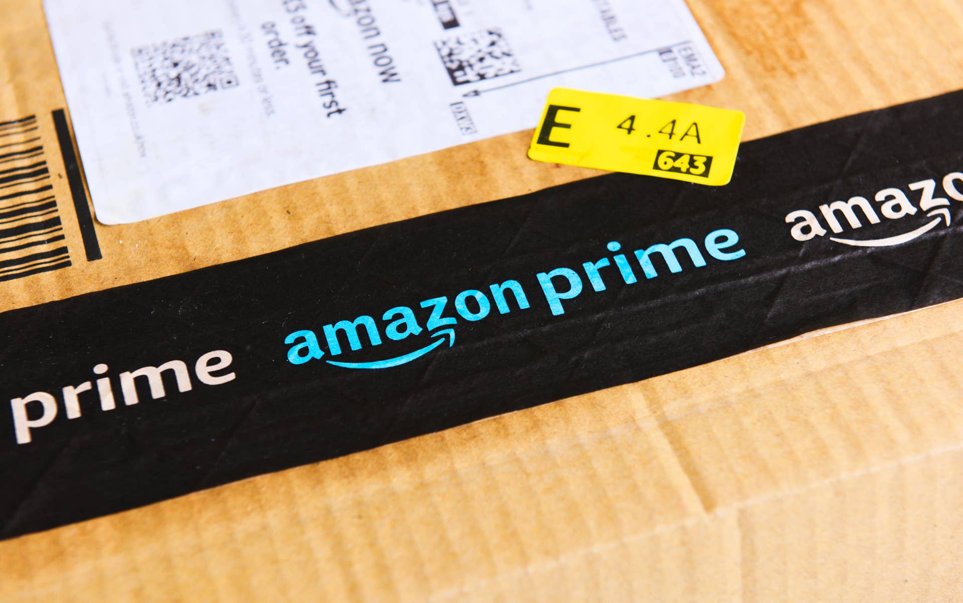 An Amazon prime package in a cardboard box.