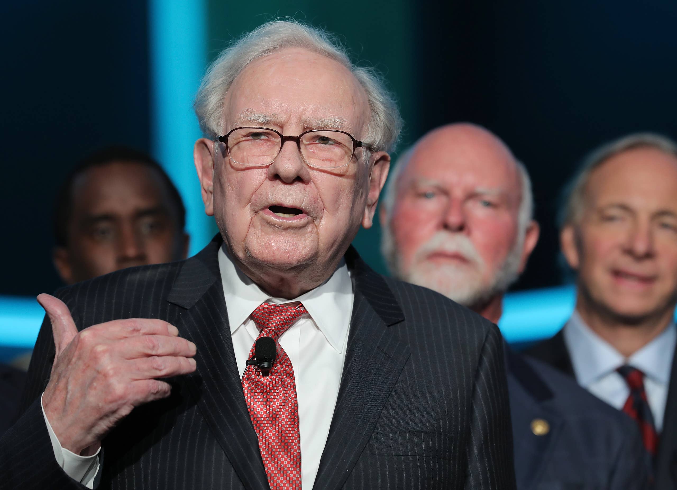 Warren Buffett speaks during the Forbes Media Centennial Celebration at Pier 60 in New York City