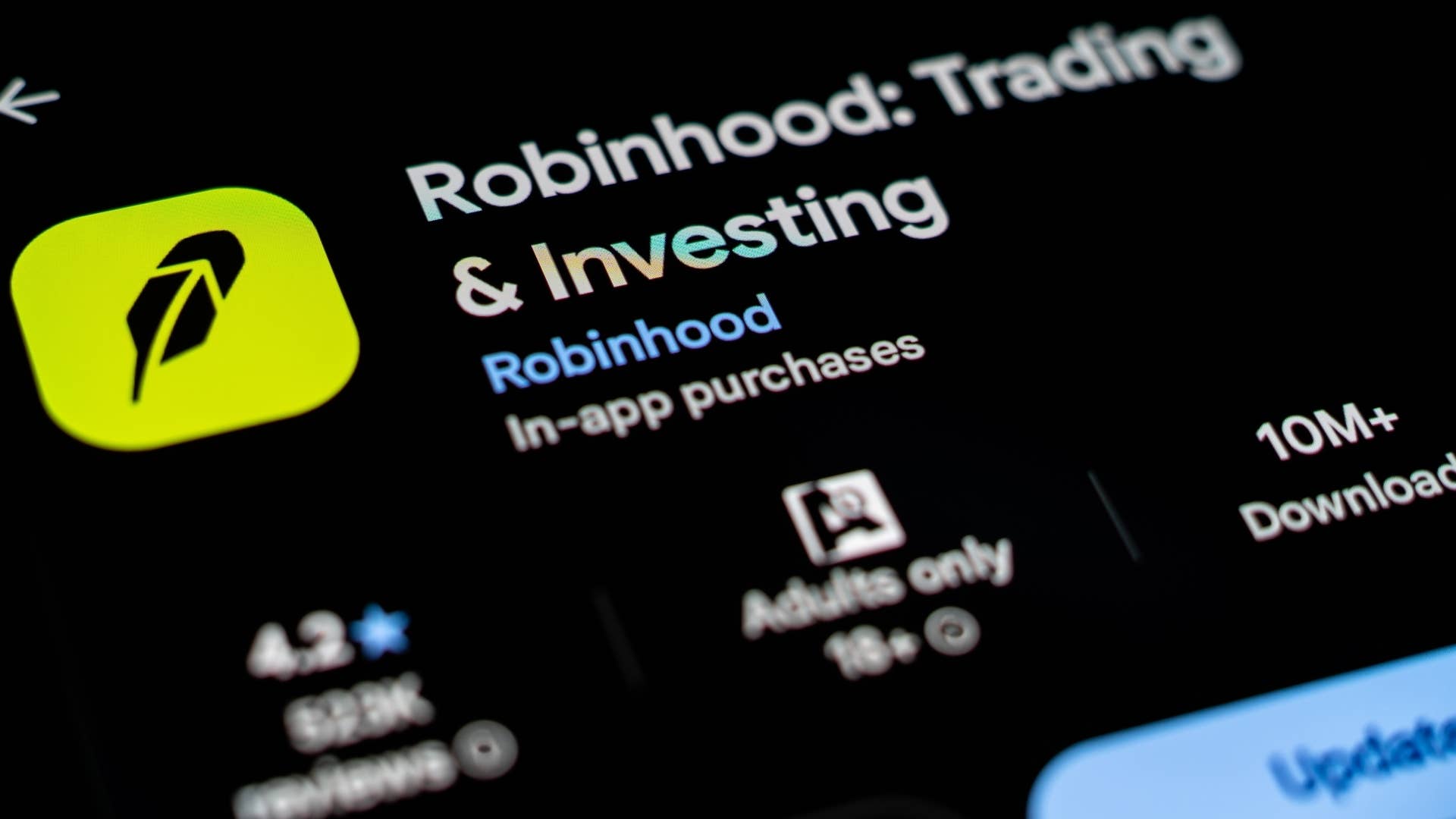 Robinhood Trading and Investing App Displayed on Smartphone Screen in Google Play Store Listing