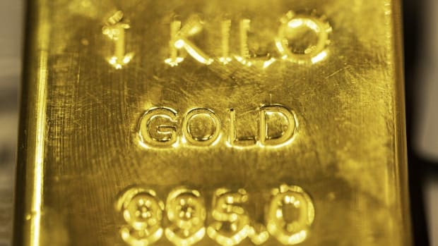 A gold bar on display in a shop window in the Gold Souk in the Deira district of Dubai, United Arab Emirates. Photo: Bloomberg