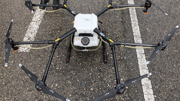 DJI's AGRAS MG-1 drone was one of two models the UME's communications battalion successfully trialed for disinfecting operations last week. Photo: Handout