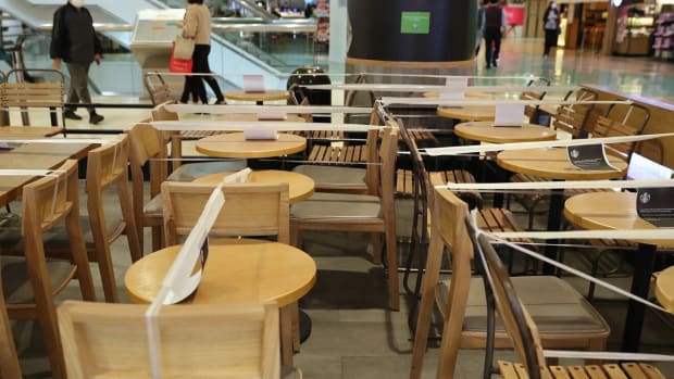 Tables cordoned off at a restaurant as part of social-distancing rules. Photo: K.Y. Cheng