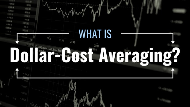 Black and white photo of a computer screen displaying stock price graphs with text overlay that reads "What Is Dollar-Cost Averaging?"