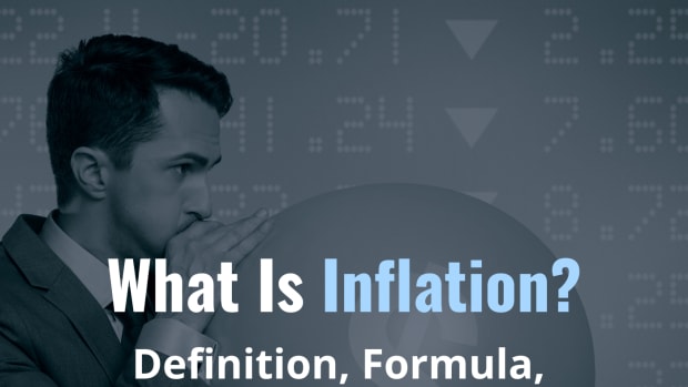 A businessman inflating an image of money with the text overlay "What Is Inflation? Definition, Formula, & What It Means for You"
