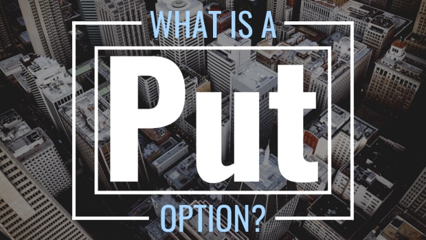 Darkened, bird's-eye-view photo of a city's buildings with text overlay that reads "What Is a Put option?"