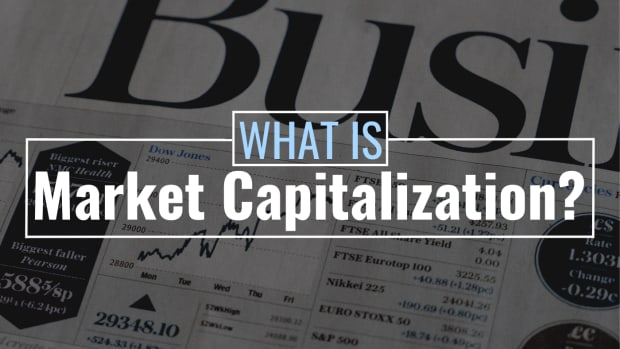 Darkened photo of a business/finance newspaper with text overlay that reads "What Is Market Capitalization?"