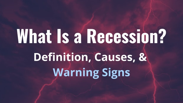 A dark, stormy sky with the text overlay: "What Is a Recession? Definition, Causes, and Warning Signs"