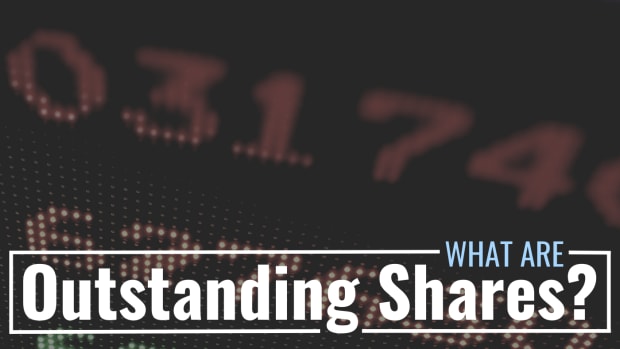 Darkened photo of numbers on an LED display with text overlay that reads "What Are Outstanding Shares?"