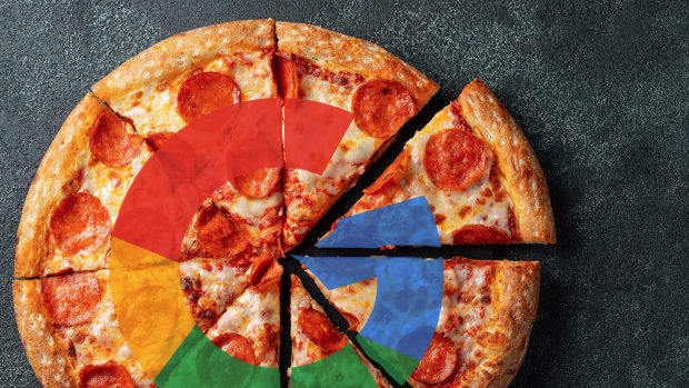 A pizza is sliced to represent the Google stock split.
