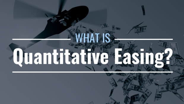 Image of a helicopter dropping cash with the text overlay "What Is Quantitative Easing?"