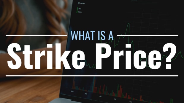 Photo of an open laptop displaying a stock price graph with text overlay that reads "What Is a Strike Price?"