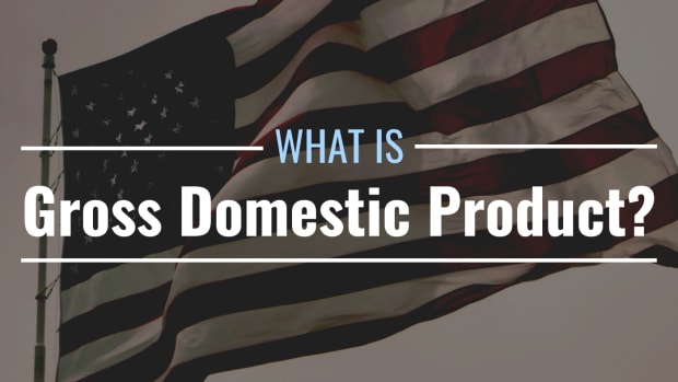 Darkened photo of a U.S. flag with text overlay that reads "What Is Gross Domestic Product?"