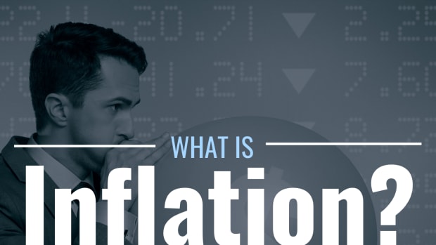 A businessman inflating an image of money with the text overlay "What Is Inflation?"