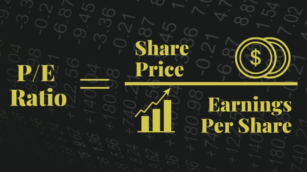Image of formula that reads "P/E Ratio = Share Price / Earnings Per Share" in gold over a darkened background image of a list of numbers