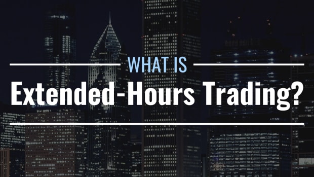 Darkened photo of a city skyline with the night sky behind it; text overlay reads "What Is Extended-Hours Trading?"