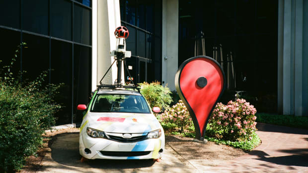 Google Streetview car and oversized Google Maps pin parked in front of the Google Maps building at the Googleplex, the Silicon Valley headquarters of search engine and technology company Google Inc in Mountain View, California, April 14, 2018. (Photo by Smith Collection/Gado/Getty Images)
