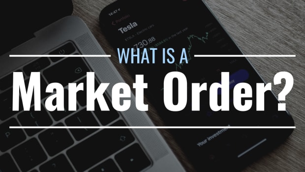 Darkened photo of smartphone with stock-trading app open on flat surface next to open laptop—text overlay reads "What Is a Market Order?"