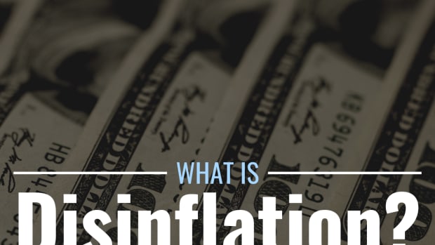 Darkened photo of several overlapping $100 bills with text overlay that reads "What Is Disinflation?"