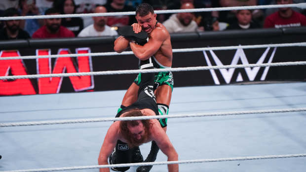 HOUSTON, TEXAS - MARCH 11: Chad Gable wrestles Sami Zayn during WWE Monday Night RAW at Toyota Center on March 11, 2024 in Houston, Texas. (Photo by Alex Bierens de Haan/Getty Images)
