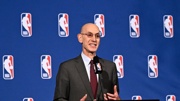 NEW YORK - APRIL 10: NBA Commissioner Adam Silver addresses the media during a press conference after the Board of Governors Meeting on April 10, 2024 at the St. Regis Hotel in New York City. NOTE TO USER: User expressly acknowledges and agrees that, by downloading and/or using this photograph, user is consenting to the terms and conditions of the Getty Images License Agreement. Mandatory Copyright Notice: Copyright 2024 NBAE (Photo by David Dow/NBAE via Getty Images)