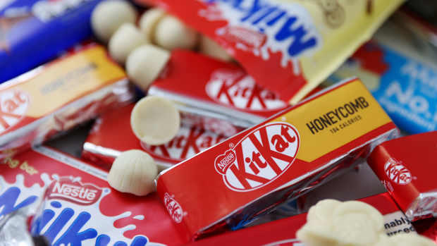 KitKat and Milkybar chocolate products, manufactured by Nestle SA, arranged in London, U.K., on Monday, July 26, 2021. Nestle report their half-year results on July 29. Photographer: Hollie Adams/Bloomberg via Getty Images