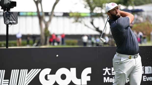 LIV team Legion XIII GC captain Jon Rahm tees off at the fourth during the LIV Golf tournament at Fanling golf club in Hong Kong on March 8, 2024.