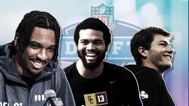 Stylized image of the NFL Draft top prospects: Caleb Williams, Jayden Daniels, and Drake Maye