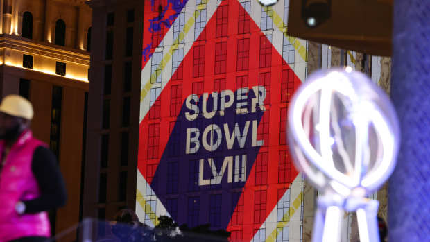 LAS VEGAS, NV - FEBRUARY 09: A general view of the Super Bowl logo projected on Caesar's Palace before Super Bowl LVIII featuring the AFC Champions Kansas City Chiefs and the NFC Champions San Francisco 49ers in Las Vegas, Nevada. (Photo by Marc Sanchez/Icon Sportswire via Getty Images)