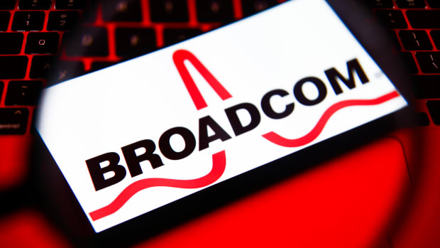 The Broadcom logo on a mobile cell phone.