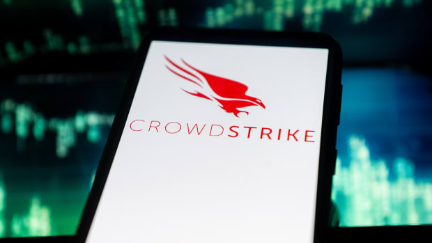 In this photo illustration a Crowdstrike logo is displayed on a smartphone.