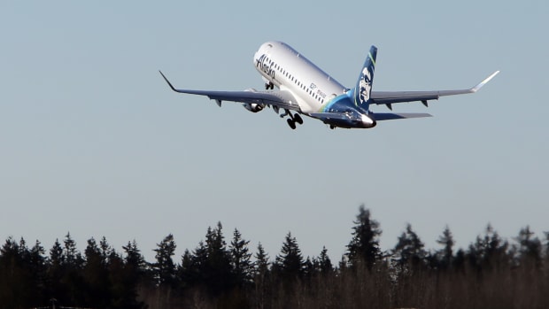 The first commercial flight out of the new Everett Paine Field Airport terminal takes off Monday, March 4, 2019. The inaugural flight left at 10 am, carrying state and local dignitaries to Portland, and two subsequent flights departed to Las Vegas and Phoenix. The opening ceremony included a ribbon cutting and unveiling of a statue of Lt. Topliff Paine, the Everett army pilot for whom the airport is named. Alaska and United Airlines will have offer a combined 24 flights daily to nine destinations.   (Genna Martin, Seattlepi.com) (Photo by Genna Martin/San Francisco Chronicle via Getty Images)