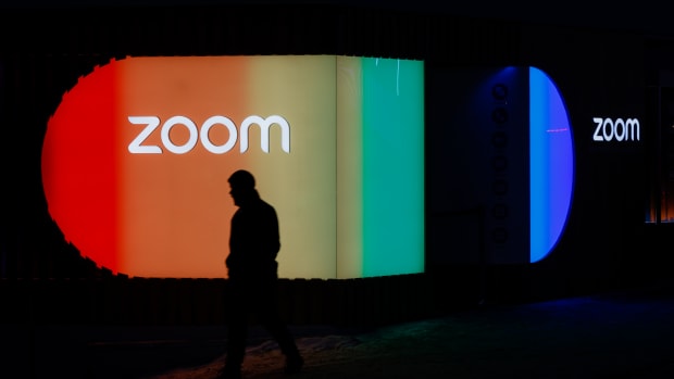 The Zoom Video Communications Inc. pavilion lit up in the colors of the pride flag on day two of the World Economic Forum (WEF) in Davos, Switzerland, on Wednesday, Jan. 18, 2023. The annual Davos gathering of political leaders, top executives and celebrities runs from January 16 to 20. Photographer: Stefan Wermuth/Bloomberg via Getty Images