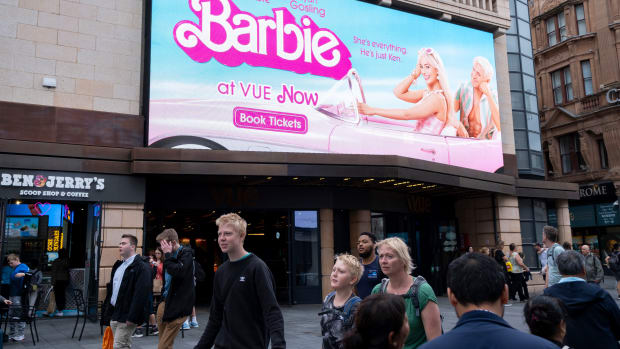 Screen advertising for the film Barbie in Leicester Square at the Vue cinema on 14th August 2023 in London, United Kingdom. Barbie is an American fantasy comedy film directed by Greta Gerwig based on the Barbie fashion dolls by Mattel. (photo by Mike Kemp/In Pictures via Getty Images)