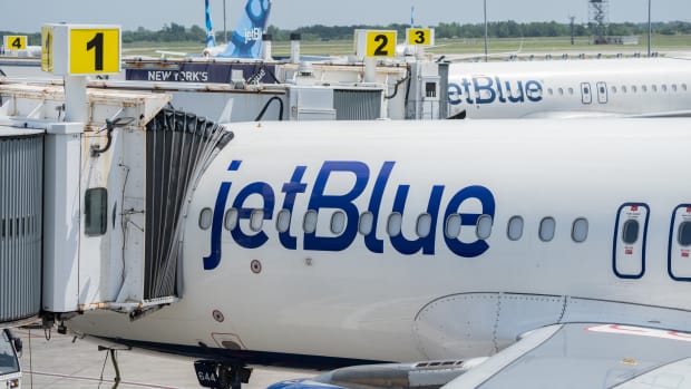 JetBlue airplanes are seen at John F. Kennedy International Airport in New York on July 23, 2023.