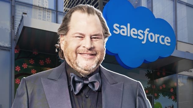 Marc Benioffs head and upper torso superimposed over a photo of a Salesforce office