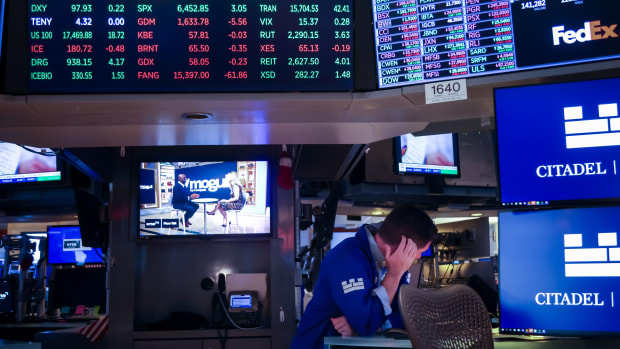 A trader works on the floor at the New York Stock Exchange on Aug. 18, 2025.