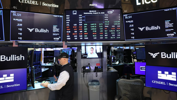 NEW YORK, NEW YORK - AUGUST 13: The company logo of cryptocurrency exchange Bullish is displayed at the New York Stock Exchange as traders work on the floor of the New York Stock Exchange during morning trading on August 13, 2025 in New York City. Tom Farley, CEO of Bullish, rang the opening bell at the stock exchange to celebrate the company's Initial Public Offering. The cryptocurrency exchange priced its IPO at $37 per share, above the expected range of $32 to $33, giving it a total market value of $5.4 billion. (Photo by Michael M. Santiago/Getty Images)