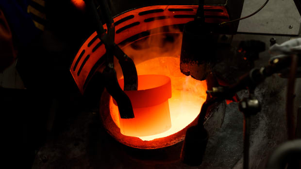 A crucible removed from a furnace at the ABC Refinery smelter, operated by Pallion, in Sydney, Australia, on Thursday, April 17, 2025. Gold paused its record-breaking rally amid optimism over US-Japan trade talks, after bullion earlier reached another all-time high. Photographer: Brendon Thorne/Bloomberg via Getty Images