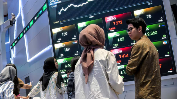 People stand next to a screen displaying stock trading numbers at the Indonesia Stock Exchange building in Jakarta on September 10, 2025. (Photo by BAY ISMOYO / AFP) (Photo by BAY ISMOYO/AFP via Getty Images)          