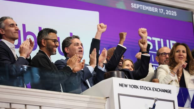 NEW YORK, NEW YORK - SEPTEMBER 17: Stubhub founder and CEO Eric Baker, celebrates after ringing the opening bell at the New York Stock Exchange on September 17, 2025 in New York City. Stubhub founder and CEO Eric Baker rang the opening bell as the company celebrates its Initial Public Offering (IPO). (Photo by Michael M. Santiago/Getty Images)