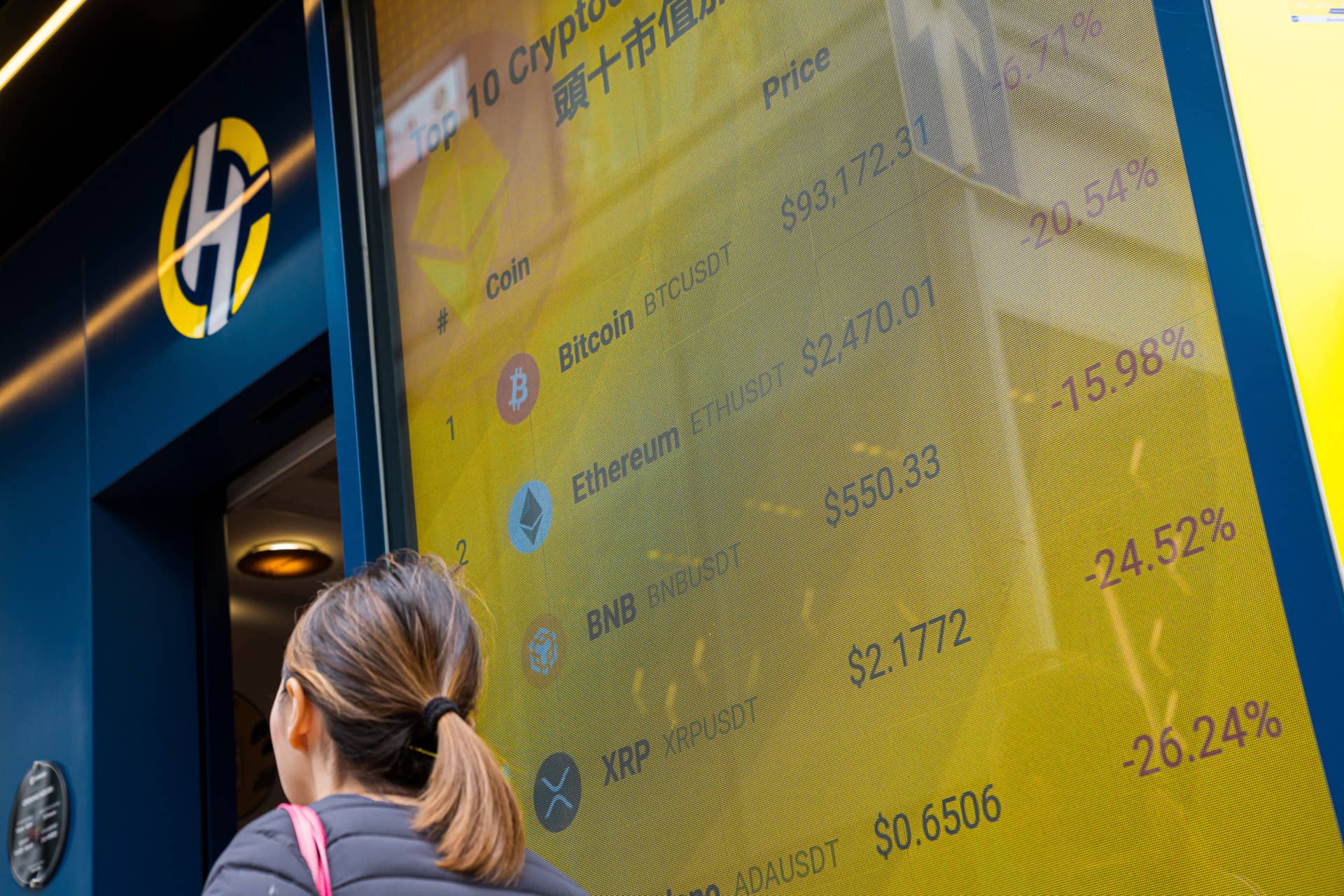A screen showing the price of various cryptocurrencies against the US dollar including Bitcoin, from top, Ethereum, BNB and XRP displayed at a Coinhero store in Hong Kong, China, on in Hong Kong, China, on Monday, Feb. 3, 2025. 