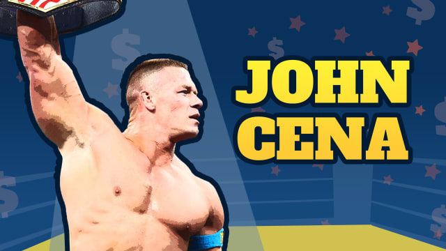 Wrestler John Cena is shown from the waist up holding his WWE belt above his head and looking out at the crowd. His image stands cut out against a cartoon-style yellow wrestling ring with a blue background with gold stars and dollar signs.